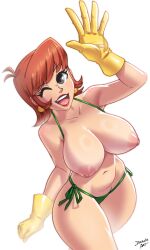 Rule 34 | 1girl, bikini, bikini pull, breasts, breasts out, clothes pull, curvy, dexter&#039;s laboratory, dexter&#039;s mom, dracksart, earrings, gloves, green bikini, highres, jewelry, large breasts, mature female, one eye closed, open mouth, red hair, rubber gloves, shiny skin, side-tie bikini bottom, simple background, solo, swimsuit, teeth, thong, thong bikini, tongue, topless, upper teeth only, white background, wide hips, wink, yellow gloves