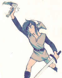Rule 34 | 1boy, arm up, belt, boomerang, boots, grabbing, headgear, holding, holding sword, holding weapon, knee boots, leg up, link, long bangs, looking up, male focus, nintendo, pointy ears, rvsa, sketch, solo, sword, the legend of zelda, tunic, weapon