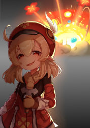 Rule 34 | 1girl, :d, absurdres, ahoge, brown gloves, brown scarf, cabbie hat, clover print, coat, commentary request, detonator, explosion, genshin impact, gloves, hair between eyes, hat, hat feather, hat ornament, highres, klee (genshin impact), long hair, long sleeves, looking at viewer, low twintails, mengxin huazha, open mouth, pocket, pointy ears, red coat, red headwear, scarf, sidelocks, smile, smirk, twintails