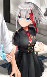 Rule 34 | 1boy, 1girl, admiral graf spee (azur lane), admiral graf spee (girl&#039;s sunday) (azur lane), azur lane, bag, black dress, blue eyes, blush, breasts, buttons, collared dress, day, dress, hand on another&#039;s arm, highres, holding, holding bag, jewelry, kinokorec, looking at another, medal, multicolored hair, nail polish, necktie, ornate ring, outdoors, red hair, red nails, ring, scarf, short hair, short sleeves, sidelocks, silver hair, sleeves rolled up, small breasts, streaked hair, wedding ring