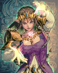 Rule 34 | 1girl, absurdres, armor, armpits, blue eyes, breasts, brown hair, commentary, elbow gloves, energy, energy ball, english commentary, foreshortening, gloves, highres, kornart, long hair, low-tied long hair, magic, nintendo, pointy ears, princess zelda, serious, shoulder armor, small breasts, solo, the legend of zelda, the legend of zelda: twilight princess, upper body, v-shaped eyebrows, white gloves