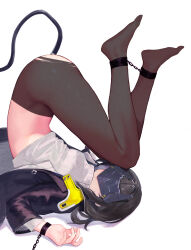 Rule 34 | 1girl, absurdres, anal, anal object insertion, anal tail, arknights, arknights: endfield, black hair, black jacket, black pantyhose, bound, bound ankles, bound wrists, butt plug, c1718259, cuffs, endministrator (arknights), eye mask, facing viewer, fake tail, female endministrator (arknights), highres, jacket, layered sleeves, long sleeves, object insertion, open clothes, open jacket, pantyhose, sex toy, shackled, shackles, shirt, short hair, simple background, solo, tail, thighs, torn clothes, torn pantyhose, upside-down, white background, white shirt