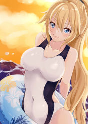 Rule 34 | 1girl, blonde hair, blue eyes, blush, breasts, breasts apart, cloud, collarbone, commentary request, competition swimsuit, covered navel, dutch angle, fate/grand order, fate (series), highres, innertube, jeanne d&#039;arc (fate), jeanne d&#039;arc (ruler) (fate), jeanne d&#039;arc (swimsuit archer) (fate), jeanne d&#039;arc (swimsuit archer) (second ascension) (fate), large breasts, long hair, looking at viewer, ocean, one-piece swimsuit, orange sky, ponytail, rikotan, sky, smile, solo, swim ring, swimsuit, very long hair