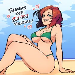 Rule 34 | 1girl, bare shoulders, beach, bikini, black hair, blue sky, breasts, cleavage, cloud, commentary, day, english commentary, english text, green bikini, green eyes, heart, highres, large breasts, looking at viewer, milestone celebration, monorus, multicolored hair, o-ring, o-ring bikini, original, outdoors, parted lips, red hair, remi (monorus), short hair, sitting, sky, smile, solo, string bikini, swimsuit, thighs, two-tone hair, underboob