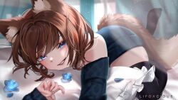 Rule 34 | 1girl, animal ear fluff, animal ears, artist name, black thighhighs, blue eyes, blue flower, blurry, blurry foreground, blush, brown hair, detached sleeves, eyeshadow, fang, feet up, flower, fox ears, fox girl, fox tail, hair intakes, highres, hugging object, indie virtual youtuber, lif, light particles, light rays, lips, looking at viewer, lying, makeup, mizune, narrowed eyes, on stomach, parted lips, pillow, pillow hug, short hair, skindentation, smile, smirk, soles, tail, thighhighs, virtual youtuber