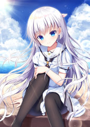 Rule 34 | 1girl, black neckwear, black pantyhose, blue eyes, blue sky, blush, closed mouth, cloud, cloudy sky, collarbone, commentary request, day, feet out of frame, hair ribbon, hand on own knee, head tilt, horizon, knee up, long hair, mauve, naruse shiroha, ocean, outdoors, pantyhose, pink ribbon, pleated skirt, puffy short sleeves, puffy sleeves, ribbon, sailor collar, shirt, short sleeves, silver hair, skirt, sky, smile, solo, summer pockets, very long hair, water, white sailor collar, white shirt, white skirt