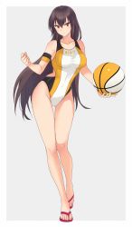 Rule 34 | 1girl, alternate costume, armband, ball, bare legs, bare shoulders, basketball, basketball (object), black hair, blush, breasts, closed mouth, collarbone, commentary request, competition swimsuit, covered navel, full body, gluteal fold, groin, hair between eyes, highleg, highleg swimsuit, highres, holding, holding ball, kantai collection, kasumi (skchkko), large breasts, long hair, looking at viewer, nagato (kancolle), one-piece swimsuit, red eyes, sandals, simple background, solo, standing, swimsuit, two-tone background, very long hair
