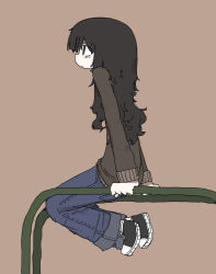 Rule 34 | 1girl, brown background, brown sweater, converse, denim, expressionless, from side, highres, jeans, long hair, original, pants, playground, solo, sweater, torosakana