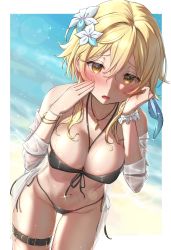 Rule 34 | 1girl, absurdres, bikini, black bikini, blonde hair, blush, breasts, chumugi, feather hair ornament, feathers, flower, genshin impact, hair flower, hair ornament, half-closed eyes, highres, jewelry, large breasts, long sleeves, looking at viewer, lumine (genshin impact), medium hair, necklace, off shoulder, open clothes, open mouth, open shirt, shirt, sidelocks, solo, swimsuit, thighs, white shirt, yellow eyes