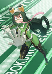 Rule 34 | 1girl, :&gt;, anarchojs, asui tsuyu, black eyes, black footwear, black thighhighs, bodysuit, boku no hero academia, boots, breasts, commentary request, copyright name, frog girl, full body, gloves, goggles, goggles on head, green footwear, green hair, hair between eyes, hair rings, highres, large breasts, long hair, long tongue, looking at viewer, low-tied long hair, skin tight, solo, thigh boots, thighhighs, tongue, tongue out, white gloves