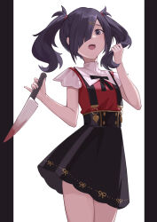 Rule 34 | 1girl, absurdres, ame-chan (needy girl overdose), black eyes, black hair, black nails, black ribbon, black skirt, blood, bloody knife, chinese commentary, collared shirt, commentary request, cowboy shot, hair ornament, hair over one eye, hair tie, hairclip, hands up, highres, holding, holding hair, holding knife, ke&#039;ai qu qu, knife, long hair, looking at viewer, neck ribbon, needy girl overdose, open mouth, red shirt, ribbon, shirt, shirt tucked in, skirt, solo, standing, suspender skirt, suspenders, twintails, x hair ornament