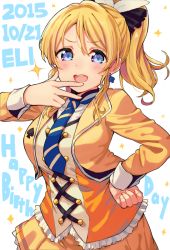 Rule 34 | 10s, 1girl, ayase eli, blonde hair, blue eyes, breasts, earrings, hand on own hip, happy birthday, haruken, jewelry, large breasts, looking at viewer, love live!, love live! school idol project, necktie, open mouth, ponytail, short hair, smile, solo, spade, spade (shape), spade earrings, sunny day song