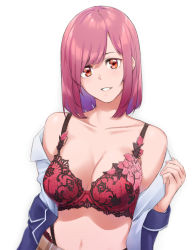 Rule 34 | 1girl, arato hisako, bra, breasts, cleavage, clothes down, collarbone, colored inner hair, grin, lingerie, long hair, long sleeves, medium breasts, midriff, multicolored hair, navel, open clothes, open shirt, orange eyes, pink hair, purple hair, red bra, saruno (eyesonly712), shirt, shokugeki no souma, simple background, smile, solo, stomach, straight hair, underwear, upper body, white background, white shirt