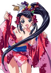 Rule 34 | 1girl, bare shoulders, black eyes, black hair, blunt bangs, bow, breasts, comic colorful bee, cowboy shot, earrings, gotou keiji, hair bow, hair ornament, hairpin, high ponytail, japanese clothes, jewelry, kimono, long hair, long sleeves, looking at viewer, medium breasts, non-web source, off shoulder, open mouth, photoshop (medium), simple background, solo, very long hair, white background, wide-eyed, wide sleeves, yukata