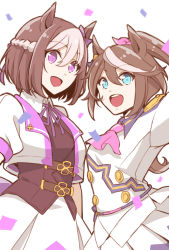 Rule 34 | 2girls, :d, animal ears, blue eyes, bow, brown hair, confetti, dress, enonko, hair bow, highres, horse ears, horse girl, long hair, long sleeves, looking at viewer, multicolored hair, multiple girls, open mouth, ponytail, purple eyes, short hair, short sleeves, simple background, smile, special week (umamusume), streaked hair, tokai teio (umamusume), umamusume, white background, white dress