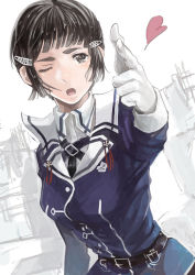 Rule 34 | 10s, 1girl, bad id, bad pixiv id, belt, black hair, blunt bangs, brown eyes, finger gun, gloves, hair ornament, hairpin, heart, kantai collection, kawaoka sachio, looking at viewer, myoukou (kancolle), one eye closed, open mouth, pointing, pointing at viewer, short hair, simple background, solo, uniform, white background