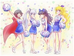Rule 34 | 4girls, :d, ahoge, animal ears, arm up, armpits, bare arms, bare legs, black hair, blake belladonna, blonde hair, blue eyes, blush, bow, breasts, cape, cat ears, cheerleader, cleavage, cloak, closed mouth, collarbone, company connection, confetti, full body, grey eyes, hair bow, hair ornament, hair ribbon, hand up, hands on own hips, hands together, happy, high ponytail, holding, holding pom poms, hood, hooded cape, iesupa, lazer team, leaning forward, long hair, looking at viewer, multicolored hair, multiple girls, nervous, open mouth, outstretched arm, pom pom (cheerleading), pom poms, ponytail, purple eyes, red cape, red hair, ribbon, roosterteeth, ruby rose, rwby, shoes, short hair, side ponytail, smile, standing, team, very long hair, waving, wavy mouth, weiss schnee, white hair, yang xiao long, yellow eyes