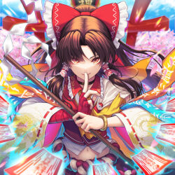 Rule 34 | 1girl, adapted costume, arm wrap, blurry, blurry foreground, bow, brown eyes, brown hair, choker, closed mouth, commentary request, cowboy shot, depth of field, detached sleeves, floating hair, frilled bow, frilled hair tubes, frills, hair bow, hair tubes, hakurei reimu, hands up, holding, holding stick, long hair, long sleeves, looking at viewer, midriff, navel, nostrils, parted bangs, re (re 09), red bow, red skirt, red vest, ribbon-trimmed sleeves, ribbon trim, rope, shimenawa, skirt, skirt set, smile, solo, stick, straight-on, torii, touhou, upturned eyes, vest, wide sleeves