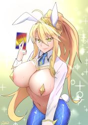 Rule 34 | 1girl, ahoge, animal ears, areola slip, artoria pendragon (all), artoria pendragon (fate), artoria pendragon (swimsuit ruler) (fate), backlighting, blonde hair, blue legwear, blue necktie, blush, braid, breasts, card, closed mouth, covered erect nipples, cropped jacket, fate/grand order, fate (series), fishnet legwear, fishnets, french braid, gradient background, green background, green eyes, hair between eyes, highres, jacket, kasumi saika, large breasts, light rays, long hair, long sleeves, looking at viewer, meme attire, navel, necktie, pasties, playing card, ponytail, rabbit ears, rabbit tail, revealing clothes, reverse bunnysuit, reverse outfit, shrug (clothing), sidelocks, smile, solo, sparkle, tail, tiara, white jacket, wrist cuffs