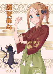 Rule 34 | 1girl, 2021, :q, abigail williams (fate), absurdres, alternate costume, alternate hairstyle, animal, aqua eyes, black bow, black cat, blush, bow, bras d&#039;honneur, brown bow, brown hair, brown kimono, cat, clenched hand, closed mouth, crossed bandaids, egasumi, fate/grand order, fate (series), forehead, green hakama, hair bow, hakama, hakama skirt, hand up, highres, japanese clothes, kimono, kopaka (karda nui), long sleeves, looking at viewer, parted bangs, polka dot, polka dot bow, ponytail, seigaiha, sidelocks, skirt, smile, solo, tongue, tongue out, translation request, wide sleeves