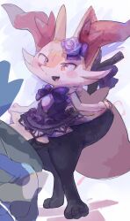 Rule 34 | 1girl, animal ear fluff, animal ears, animal feet, animal nose, black dress, black fur, blue background, blush, blush stickers, body fur, bow, bowtie, braixen, braixen (halloween), clothed pokemon, creatures (company), curtsey, dress, fang, feet, female focus, flat chest, flower, fox ears, fox girl, fox tail, furry, furry female, game freak, gen 4 pokemon, gen 6 pokemon, hair flower, hair ornament, hands up, happy, highres, ikei, legs, lucario, multicolored fur, neck fur, nintendo, open mouth, pokemon, pokemon (creature), pokemon cafe remix, purple bow, purple bowtie, purple flower, purple rose, red eyes, rose, short dress, sideways mouth, simple background, sketch, skin fang, sleeveless, sleeveless dress, smile, snout, solo focus, stick, tail, white fur, yellow fur