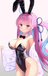 Rule 34 | 1girl, absurdres, ahoge, animal ears, black leotard, blue hair, blunt bangs, breasts, cleavage, closed mouth, covered navel, cowboy shot, fake animal ears, fishnet pantyhose, fishnets, hair down, highres, hololive, japanese clothes, kimono, large breasts, leotard, long hair, looking at viewer, minato aqua, multicolored hair, one side up, open clothes, open kimono, pantyhose, playboy bunny, purple eyes, purple hair, rabbit ears, shiny clothes, simple background, smile, solo, tobidasu00, two-tone hair, very long hair, virtual youtuber, wide hips