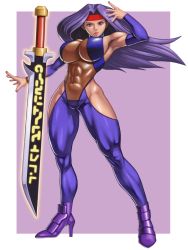 Rule 34 | 1girl, abs, asura blade, asura buster, breasts, large breasts, muscle, muscular, muscular female, purple hair, rose mary, shinonome (game hakkutsu tai), simple background, thighs