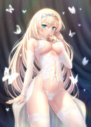 Rule 34 | 1girl, alternate costume, blonde hair, blue eyes, breasts, bug, butterfly, commentary request, garter belt, hand to own mouth, insect, kantai collection, lace, lace-trimmed legwear, lace trim, large breasts, lingerie, long hair, looking at viewer, navel, panties, ryu-akt, solo, thighhighs, underwear, victorious (kancolle), white garter belt, white panties, white thighhighs