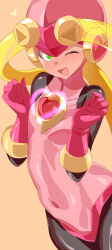 Rule 34 | 1girl, absurdres, black bodysuit, blonde hair, bodysuit, covered navel, gloves, green eyes, heart, helmet, highres, leotard, long hair, looking at viewer, mega man (series), mega man battle network (series), one eye closed, pink gloves, pink helmet, pink leotard, roll.exe (mega man), smile, solo, yostxxx