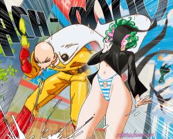 Rule 34 | 2boys, 2girls, bald, belt, black belt, black dress, black shirt, blue sky, boots, breasts, building, cape, character print, cloud, collared dress, commentary, covered navel, day, dress, eating, emphasis lines, english commentary, food, fubuki (one-punch man), gloves, green dress, green eyes, green hair, highleg, highleg panties, highres, holding, holding food, holding ice cream, ice cream, king (one-punch man), long sleeves, multiple boys, multiple girls, one-punch man, outdoors, panties, patreon username, red footwear, red gloves, saitama (one-punch man), shirt, siblings, sisters, sky, small breasts, sneezing, snegovski, standing, striped clothes, striped panties, tatsumaki, thighs, tongue, tongue out, underwear, watermark, web address, white cape