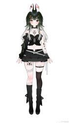 Rule 34 | 1girl, :&lt;, absurdres, animal ear fluff, animal ears, arm tattoo, bandage on thigh, bandaged wrist, bandages, bare shoulders, bell, belt, black choker, black footwear, black gloves, black ribbon, black skirt, black sleeves, black thighhighs, blush, boots, braided sidelock, breasts, cai bu shi haixiu, carrot earrings, carrot hair ornament, choker, colored tips, detached sleeves, dollar hair ornament, earrings, facing viewer, fingerless gloves, food-themed earrings, food-themed hair ornament, food themed earrings, footwear ribbon, full body, gloves, green eyes, green hair, hair bell, hair ornament, hairpin, heterochromia, highres, indie virtual youtuber, jewelry, knee boots, leg tattoo, long hair, looking at viewer, medium breasts, miniskirt, multicolored hair, navel, necklace, o-ring, o-ring thigh strap, official art, rabbit ears, rabbit o-ring, ribbon, shirt, sidelocks, single detached sleeve, single glove, single thighhigh, skirt, solo, standing, strapless, strapless shirt, tachi-e, tattoo, thigh strap, thighhighs, transparent background, virtual youtuber, white belt, white hair, yellow eyes