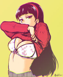 Rule 34 | 1girl, akairiot, amagi yukiko, black hair, bra, breasts, brown eyes, chromatic aberration, cleavage, clothes lift, hairband, large breasts, long hair, looking at viewer, midriff, persona, persona 4, school uniform, shirt lift, solo, sweater, underwear, undressing, upper body