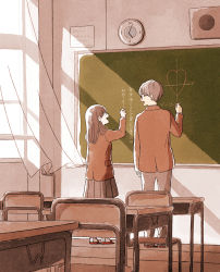 Rule 34 | 1boy, 1girl, :d, absurdres, ai x suugaku x tanka, analog clock, arm at side, backlighting, blazer, brown hair, brown jacket, chair, chalk, chalkboard, character request, classroom, clock, curtains, desk, eye contact, from behind, glasses, hand up, height difference, highres, indoors, itunohika, jacket, light, long hair, long sleeves, looking at another, math, open mouth, pants, pleated skirt, profile, school, school desk, school uniform, shoes, skirt, smile, speaker, standing, tareme, uwabaki, wall clock, wind, window, wooden floor, writing