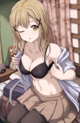 Rule 34 | 10s, 1girl, alarm clock, bag, bang dream!, bare shoulders, bed, black bra, blonde hair, blurry, bra, breasts, brown eyes, brown pantyhose, brown skirt, cleavage, clock, collarbone, curtains, depth of field, floral print, groin, hair between eyes, hair down, hair ornament, highres, ichigaya arisa, indoors, long hair, looking at viewer, medium breasts, miniskirt, narafume, navel, on bed, one eye closed, open clothes, open shirt, pantyhose, parted lips, photo (object), picture frame, pillow, pleated skirt, school bag, shirt, short sleeves, sidelocks, sitting, skirt, solo, stomach, underwear, white shirt, x hair ornament