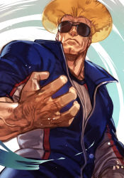 Rule 34 | 1boy, blonde hair, blue jacket, capcom, closed mouth, covered eyes, facing viewer, flattop, guile, hand up, hungry clicker, jacket, male focus, muscular, muscular male, official alternate costume, solo, street fighter, sunglasses, upper body