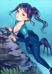 Rule 34 | 10s, 1girl, ariatsuki, ass, beads, bikini, bikini under clothes, blue bikini, blue bodysuit, blue hair, bodysuit, breasts, cleavage, closed mouth, coral, day, diving suit, fins, flippers, floating hair, freediving, from side, front-tie bikini top, front-tie top, full body, high collar, high ponytail, highres, leaning forward, leg lift, lips, long hair, looking at viewer, love live!, love live! school idol festival, love live! sunshine!!, matsuura kanan, medium breasts, open bodysuit, open clothes, outdoors, parted bangs, ponytail, purple eyes, rock, sidelocks, skin tight, solo, striped bikini, striped clothes, swept bangs, swimsuit, underwater, unzipped, water, wetsuit, white bikini