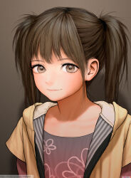 Rule 34 | 1girl, blush, brown hair, closed mouth, flat chest, floral print, grey eyes, hair tie, highres, jacket, looking at viewer, open clothes, open jacket, original, revision, rustle, shirt, smile, solo, twintails, unzipped, upper body, yellow jacket