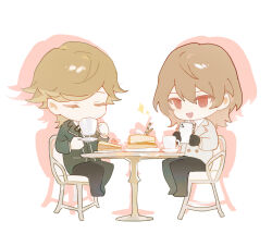 Rule 34 | 2boys, :d, akechi gorou, amada ken, black jacket, black necktie, black pants, black ribbon, brown hair, cake, cellphone, chair, chibi, chinese commentary, closed eyes, coat, collared shirt, colored eyelashes, commission, cup, drinking, drop shadow, food, full body, gekkoukan high school uniform, grey coat, highres, holding, holding cup, holding saucer, jacket, long sleeves, male focus, multiple boys, neck ribbon, necktie, nona1010, open mouth, pancake, pancake stack, pants, persona, persona 3, persona 5, phone, plate, red eyes, ribbon, saucer, school uniform, second-party source, shirt, short hair, simple background, sitting, smartphone, smile, sparkle, striped necktie, swept bangs, table, taking picture, teacup, u u, white background, white shirt, wing collar