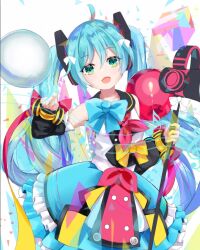 Rule 34 | 1girl, :d, ahoge, balloon, black sleeves, blue hair, blue skirt, bow, breasts, c309657344, chinese commentary, commentary request, detached sleeves, fang, frilled skirt, frills, green eyes, hair between eyes, hair bow, hatsune miku, holding, long hair, long sleeves, magical mirai (vocaloid), magical mirai miku, magical mirai miku (2018), megaphone, open mouth, pleated skirt, puffy long sleeves, puffy sleeves, shirt, skirt, sleeveless, sleeveless shirt, small breasts, smile, solo, twintails, very long hair, vocaloid, white bow, white shirt