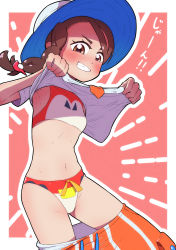 Rule 34 | 1girl, armpits, asymmetrical hair, bikini, bikini under clothes, blue hat, blush, border, braid, breasts, brown eyes, brown hair, clothes lift, clothes pull, collarbone, cowboy shot, creatures (company), drawstring, emphasis lines, female focus, fuecoco, fumirumochigashin, game freak, grin, hair ornament, hairclip, hands up, happy, hat, highres, japanese text, juliana (pokemon), lifting own clothes, looking at viewer, matching hair/eyes, navel, necktie, nintendo, orange necktie, orange shorts, outline, outside border, pocket, pokemon, pokemon sv, red background, red bikini, shirt, shirt lift, short sleeves, shorts, shorts pull, side braid, simple background, single braid, small breasts, smile, solo, standing, stomach, sun hat, swept bangs, swimsuit, swimsuit under clothes, talking, teeth, translation request, v-shaped eyebrows, white border, white outline, white shirt