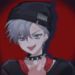 Rule 34 | 1boy, alien stage, aqua nails, beanie, black choker, black hat, black sweater, choker, collarbone, ear piercing, green eyes, grey hair, hat, highres, looking at viewer, middle finger, mokapome, open mouth, piercing, red background, smile, solo, spiked choker, spikes, sweater, till (alien stage), tongue, tongue out, tongue piercing