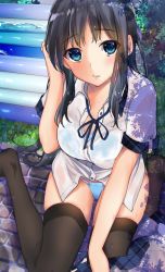 Rule 34 | 1girl, bad id, bad twitter id, black hair, black thighhighs, blue bra, blue eyes, blue panties, blue ribbon, blush, bra, breasts, collared shirt, commentary request, eyelashes, grass, hand up, highres, large breasts, long hair, looking at viewer, neck ribbon, original, outdoors, panties, parted lips, partially unbuttoned, plaid, plaid skirt, ribbon, school swimsuit, see-through, shadow, shirt, short sleeves, sidelocks, sitting, skindentation, skirt, unworn skirt, solo, swimsuit, thighhighs, underwear, wading pool, wariza, wet, wet clothes, wet hair, wet shirt, white shirt, wing collar, yu yu