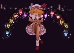 Rule 34 | 1girl, ascot, blonde hair, blouse, closed eyes, closed mouth, collared shirt, commentary, crossed arms, crossed legs, facing viewer, flandre scarlet, frilled shirt collar, frills, full body, glowing, hat, hat ribbon, lantern, medium hair, mob cap, petticoat, puffy short sleeves, puffy sleeves, red footwear, red ribbon, red skirt, red vest, reika winter, ribbon, shirt, shoes, short sleeves, skirt, skirt set, smile, socks, touhou, vest, white hat, white shirt, white socks, wings, yellow ascot
