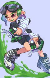Rule 34 | 1boy, commentary request, cross-laced footwear, dual wielding, goggles, goggles on head, green hair, grey background, gun, highres, holding, holding gun, holding weapon, inkling, inkling boy, inkling player character, leg warmers, multicolored hair, nastar r0, nintendo, octoling, octoling boy, octoling player character, open mouth, paint, purple hair, red eyes, ribbed sweater, shoes, short hair, simple background, smile, solo, splatoon (series), sweater, teeth, tetra dualies (splatoon), two-tone hair, weapon, white sweater