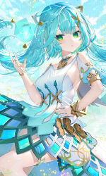 Rule 34 | 1girl, aqua hair, armlet, artist name, blue eyes, blue gemstone, blue sky, blush, bracelet, breasts, closed mouth, cloud, cloudy sky, commentary request, dress, faruzan (genshin impact), fingernails, floating, floating object, gem, genshin impact, gold bracelet, gradient hair, green eyes, green hair, green nails, hair between eyes, hair ornament, hand on own hip, hand up, highres, jewelry, kiramarukou, long hair, looking at viewer, looking to the side, medium breasts, multicolored eyes, multicolored hair, nail polish, necklace, outdoors, panties, pantyshot, parted lips, puffy short sleeves, puffy sleeves, red gemstone, short sleeves, signature, sky, solo, standing, symbol-shaped pupils, thighlet, triangle, triangle-shaped pupils, triangle mouth, twintails, two-tone hair, underwear, vision (genshin impact), white dress, x hair ornament