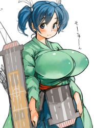 Rule 34 | 10s, 1girl, arrow (projectile), blue eyes, blue hair, breasts, covered erect nipples, flight deck, hair ribbon, huge breasts, japanese clothes, kantai collection, long hair, long sleeves, matching hair/eyes, perky breasts, quiver, ribbon, sachito, simple background, solo, souryuu (kancolle), twintails, white background, white ribbon