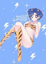 Rule 34 | 1girl, alternate costume, animal print, bare arms, bare shoulders, bikini, bishoujo senshi sailor moon, blue background, blue eyes, blue hair, breasts, cone horns, cosplay, dated, foot out of frame, hands on own chest, highres, horns, knees together feet apart, light blush, lightning bolt symbol, looking at viewer, lum, lum (cosplay), medium breasts, midriff, mizuno ami, namisonpictures, oni, parted bangs, print bikini, print footwear, short hair, solo, sparkle, strapless, strapless bikini, swimsuit, thighs, tiger print, twitter username, urusei yatsura, yellow bikini, yellow footwear