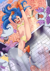Rule 34 | 1girl, :p, angry, bikini, blue hair, blush, boots, brown eyes, castle, claws, dragon quest, gauntlets, gloves, highres, idolmaster, idolmaster (classic), kicking, kisaragi chihaya, leg up, long hair, monster, open mouth, parody, pettan p, saliva, solo, swimsuit, tongue, tongue out, yellow bikini