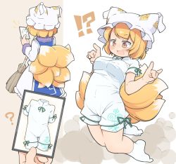 Rule 34 | !?, 1girl, ability card (touhou), blonde hair, blush, breasts, broom, china dress, chinese clothes, cosplay, double fox shadow puppet, drawing (object), dress, fox shadow puppet, fox tail, hat, highres, holding, holding broom, holding drawing, kitsune, kudamaki tsukasa, kudamaki tsukasa (cosplay), kyuubi, large breasts, medium breasts, multiple tails, open mouth, romper, short hair, simple background, socks, solo, tail, touhou, turnip kabura, white background, white dress, white hat, white socks, yakumo ran, yellow eyes