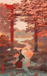 Rule 34 | 1girl, arch, autumn, autumn leaves, bow, brown hair, day, from behind, full body, geta, hair bow, hakurei reimu, japanese clothes, lake, long hair, long sleeves, low-tied long hair, miko, mountain, red bow, red ribbon, reflection, rei (sanbonzakura), ribbon, ribbon-trimmed sleeves, ribbon trim, scenery, shore, socks, solo, standing, tabi, torii, touhou, very long hair, white socks, wide shot